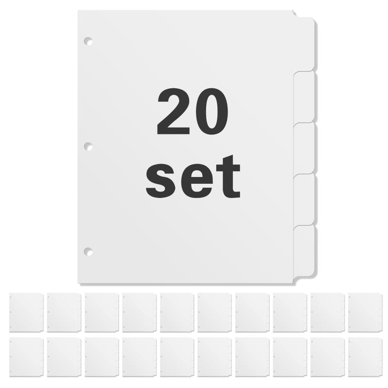 Homakover 3 Ring Binder Dividers with 5 Tabs, Write & Erase Plastic Binder Dividers Durable 3 Hole Punch Dividers Letter-Size 1/5 Cut Big Tabs Dividers, 20 Set, 100 Dividers Total - Image 1